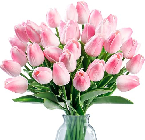 Sggvecsy Künstliche Tulpen, fühlen Sich echt an, PU-Kunstblumen, Tulpenstiele für Hochzeit, Frühlingsstrauß, Blumenarrangement, Zuhause, Party, Büro, Dekorationen für Muttertag (Hellrosa), 15 Stück