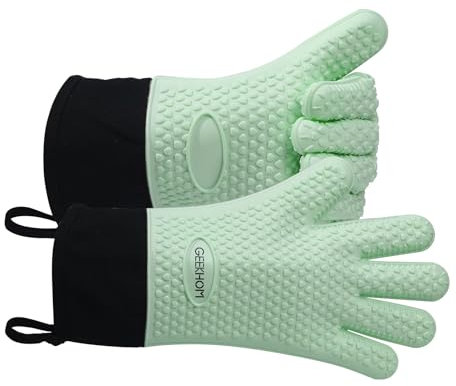 Gants BBQ Anti Chaleur Résistants - GEEKHOM Gants de Cuisine en Silicone pour Four, Grillade, Plancha et Fumoir, Imperméables et Antidérapants avec Doublure en Coton Confortable