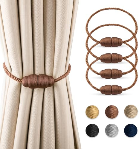 Dalababa Magnetische Vorhang Raffhalter, 4 Stück Vorhanghalter Seil Gardinenhalter, Raffhalter für Vorhänge Vorhangschnalle für Home Büro Gardinen Deko - Braun