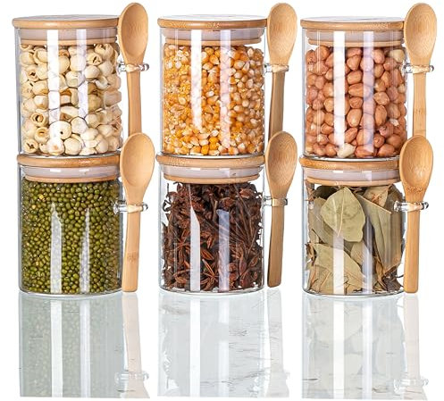 JOCHAMPS 6pcs Glass Jars with Spoons and Bamboo Lids Labels and Chalk, Kitchen Storage Jars for Spices Sugar Salt Tea Candies Jellies Herbs, Overnight Oats Breakfast Jars, 8.5 * 10cm(450ml)
