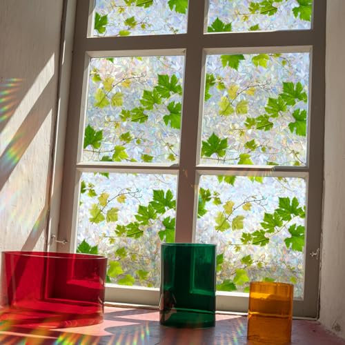 Runtoo Window Privacy Film Rainbow Ivy Green Plant Leaves Window Clings 3D Decorative Vinyl Stained Glass Decals Static Cling Sticker Non-Adhesive, 15.75 x 40 inches