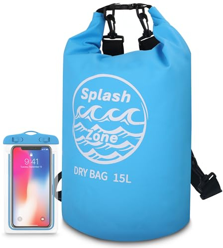 Splash Zone Waterproof Dry Bag – 15L Floating Lightweight Dry Sack with Roll-Top Buckle Closure, Adjustable Straps & Phone Pouch – Dry Bags Waterproof for Kayaking, Fishing, Boating & Hiking Camping