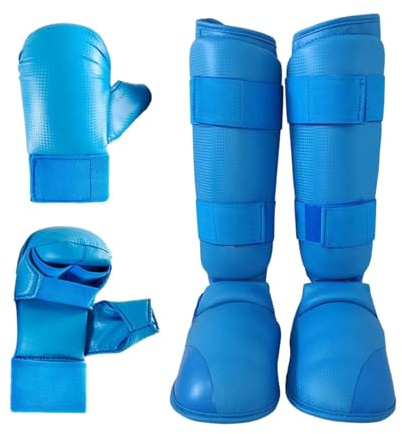 Oshhni Ensemble d'équipement de karaté, Gants de Boxe, protège-Tibias, Gants de Frappe pour entraînement de Taekwondo, Gants de Frappe, équipement pour, Bleu, M