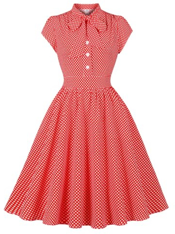 Wellwits Women's Bow Tie Polka Dots Vintage Shirt Dress | Casual,Party,Work,Office Lady,Non-stretchy Fabric