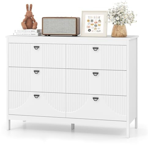 GIANTEX Kommode aus Holz mit 6 Schubladen, Aufbewahrungsschrank mit Kippschutz, 106 x 40 x 79 cm, elegantes Aussehen, Kommode für Schlafzimmer, Wohnzimmer, Eingang, Weiß
