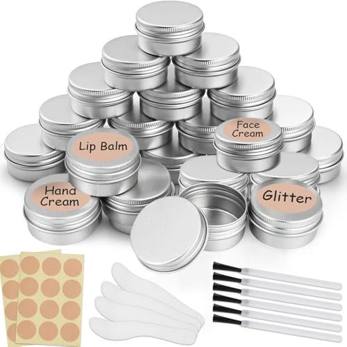 Empty Cosmetics Container Pots, 24pcs Aluminium Tin Jars with Screw Lids, Labels and Mini Spatula, Sample Pots for Lip Balm Candle Making Cream Sample Powder Cosmetics