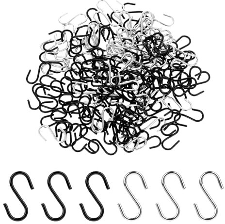 Bewudy 100 ganci a S piccoli, 14 mm, piccoli ganci in metallo in acciaio inox, a forma di S, per fai da te, gioielli da appendere, portachiavi da appendere (argento + nero)