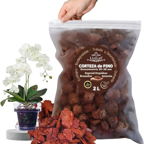 LiveLaif® – Corteza de Pino para Plantas Premium | Ideal para Mezclar en Sustrato Orquídeas, Cactus, etc | Corteza Pino Fresca, Grosor 10-15 mm, Desinfectada, Ligeramente Abonada (Corteza de Pino 2L)