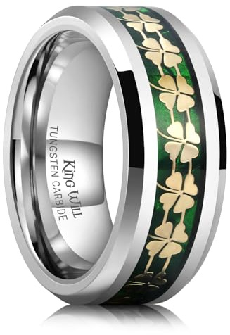 King Will 8mm Tungsten Wedding Band for Men Gunmetal Ring Green Blue Purple Shell Plated Four Leaf Clover Inlay High Polish Beveled Edge Engagement Rings Comfort Fit