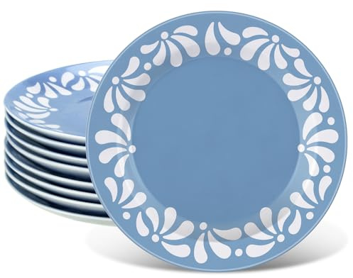 Potchen 8 Pcs Blue Cielito Lindo Party Decoration Ceramic Plates Mexican Party Tableware Set Round De Barro Talavera Salad Plate for Dishwasher Oven Safe Baby Shower Talavera Wedding