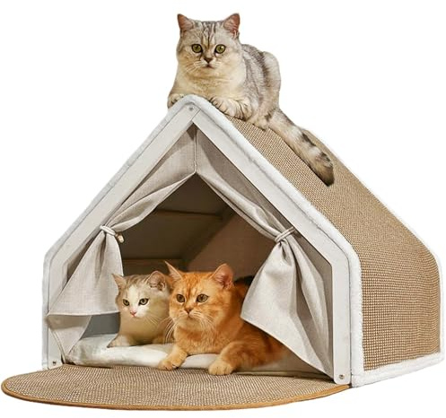 Sisal - Tiragraffi 2 in 1, per gatti e casette, per cani di piccola taglia, in vero legno e sisal naturale (beige, S)