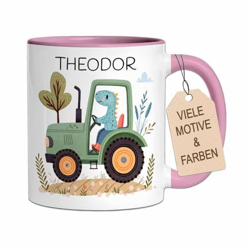 Personalisierte Kindertasse aus Keramik mit Namen | Tasse mit Retro Tier-Motiv als Geschenk für Jungen & Mädchen zu Geburtstag, Einschulung (Traktor, Rosa)