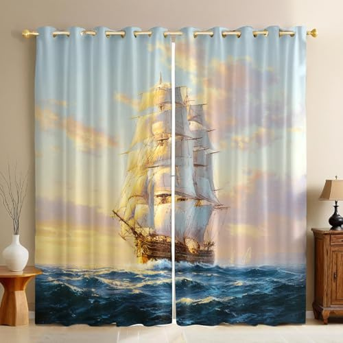 Meer Vorhänge Blickdicht Verdunkelung EIN majestätisches Segelschiff mit Ösen, Thermovorhänge Wärmeschutz Schallschutz Gardinen für Wohnzimmer Schlafzimmer Kinderzimmer, 2er Set H160 x B70 cm