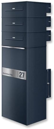Metzler Paketbox mit 3 Briefkästen entnahme hinten, 3er Paketbriefkasten rückseitig mit austauschbarem Namensschild, Standbriefkasten personalisiert mit Gravur, Paketkasten in RAL7016 Anthrazit, ZIVO2