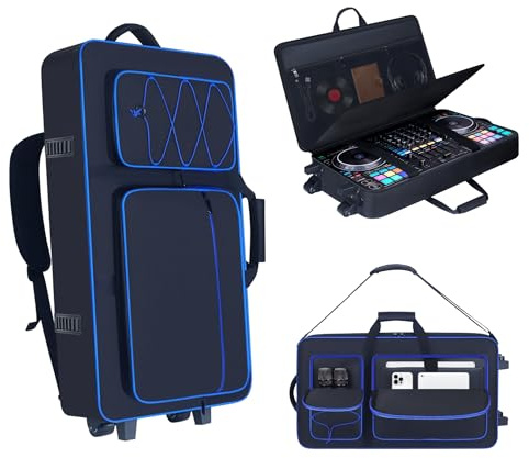 Rolling DJ Controller Case with Wheels Compatible with DDJ-FLX10/ 1000/ 1000SRT/ DDJ-GRV6/ REV5/ REV7, Padding DJ Backpack with Adjustable Shoulder Strap and Multi-Pocket for Gear (Blue, with wheels)