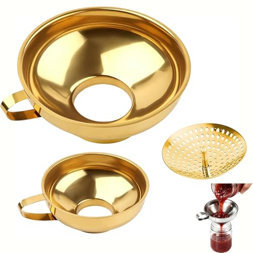 3Pcs Canning Funnel With Strainer, Wide Mouth Funnel For Mason Jars, Canning Supplies For Kitchen Use With Handle, Suitable Jam, Grains, Bean, Spices, Sugar, Flour (Golden)