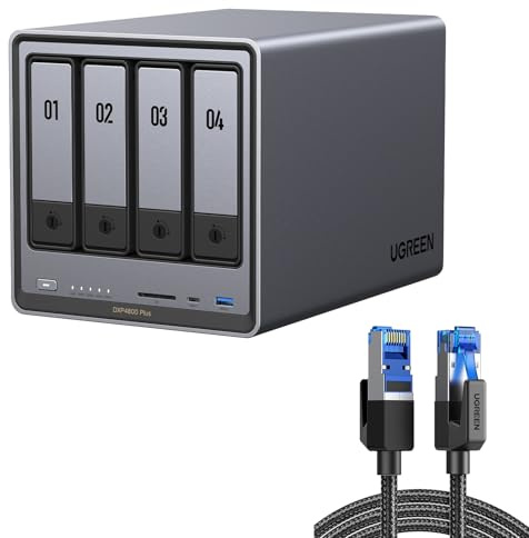 UGREEN NASync DXP4800 Plus 4-Bay NAS + 2M Cat8 Cable, Intel Pentium 8505 5-Core, 8GB DDR5, 128G SSD, 10GbE+2.5GbE, 2×M.2 NVMe, 4K HDMI |40Gbps 2000Mhz Flat Braided RJ45 (Diskless）