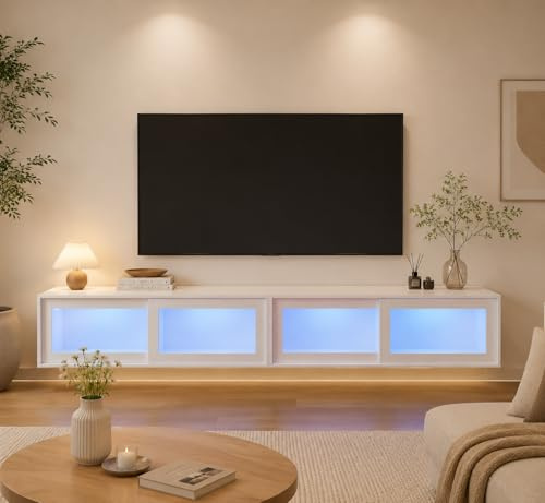 Caldion Meuble TV Suspendu 200cm Portes coulissantes en Acrylique éclairage-LED Banc TV avec Espace de Rangement pour Téléviseurs Salon Montage Mural élégant 200 x 40 x 30 cm