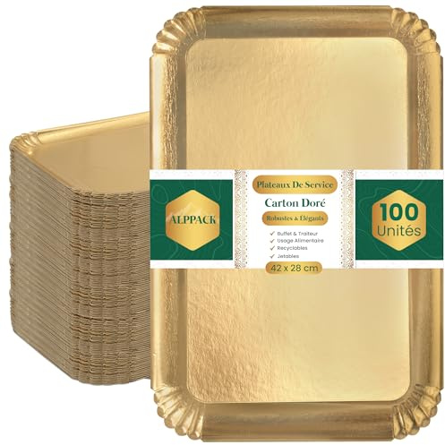 Bandeja de servicio de cartón grueso dorado, 42 × 28 cm, paquete de 100 bandejas de catering desechables profesionales, expositor de aperitivo buffet – bandeja desechable para buffet, boda, recepción