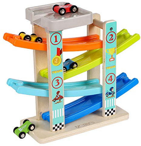 TOWO Pista per Auto in Legno -Rampa Auto Click-Clack con 4 Macchinine da Corsa in Legno per Bimbi Parcheggio sul Tetto e Piste a Zig-Zag - Giocattoli di Legno per Bambini di 1 2 3 4 Anni