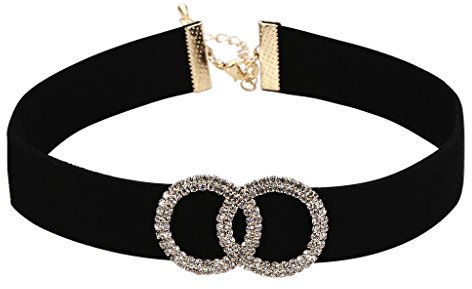 Epinki Damen Choker (Verstellbar), Samt Halsband Doppel Kreis Form Maskenspiel Kropfband Klassische Damenkette Gold Schwarz mit Zirkonia, 33.5+7.5CM