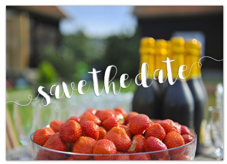 Einladungskarten Manufaktur Hamburg 10 x Save the Date Karten mit Umschlag/Erdbeeren und Sekt/Garten Party/Einweihung/Sommer/Einladung/Verkündung