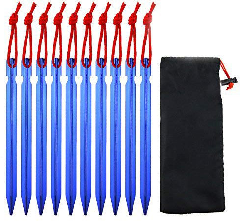 Dawa 10 st 17,78 cm tältpinne i aluminiumlegering med rep, campingutrustning utomhus resor tältbyggnad med 1 Oxfordväska (blå)