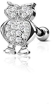 Tapsi´s Coolbodyart® Ohr Cartilage Tragus Barbell Edelstahl Chirurgenstahl 316L Silber Zirkonia Eule Uhu