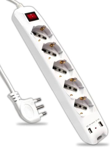 Multipresa con Cavo 1,5mt 5 Prese 10/16A Bipasso + Shuko e 2 USB e Interruttore Luminoso Spina 16A, Bianca