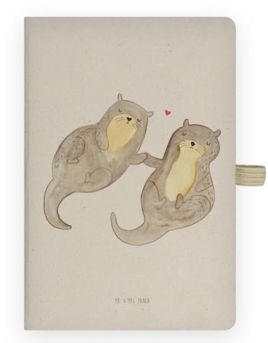 Mr. & Mrs. Panda DIN A4 Baumwoll Notizbuch Otter Hände halten - Geschenk, Kladde, Seeotter, romantisch, Paar, Adressbuch, Schreibheft, Schreibbuch,