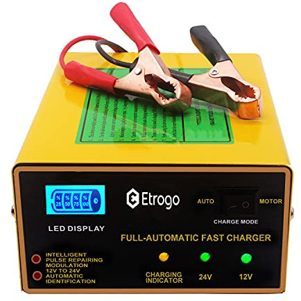 Etrogo 12V 24V Car Battery Charger Lead-acid Battery Charger Trickle Charger Intelligent Pulse Maintainer with LED Bar Screen with 3 Pin UK Plug