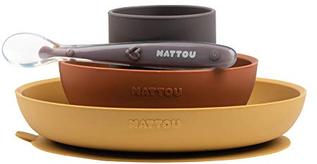 Nattou Stoviglie in silicone per bambini, 4 pezzi, piatto + ciotola antiscivolo, senza BPA, silicone, arancione/rosso