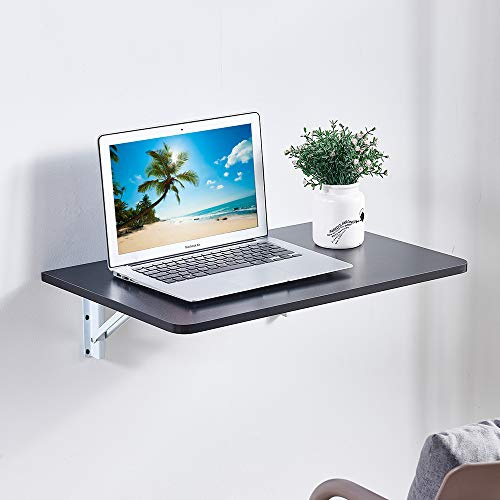 Huisenuk Wall Mounted Folding Laptop Table Floating for Bedroom Kitchen Space Saving, Foldable Wooden Modern Computer Desk Workstation Small Desk Foldable with Metal Support (Black)