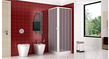 Duschkabine aus PVC, 2 Seiten, 70 x 70 cm, Höhe 185 cm, Modell Lina, weiß, Duschkabine zentrale Öffnung Ecke, zwei Falttüren, reduzierbar (80 x 170 cm, H 185 cm)