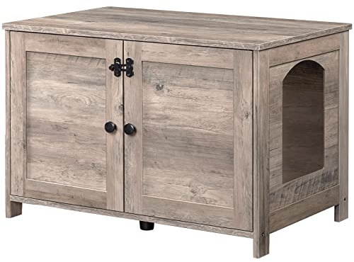 HOOBRO Katzenschrank, Katzenklo Schrank, Katzenhaus mit Tür und separater Trennwand, Sitzbank, Katzenstreu-Aufbewahrungsbox, 80 x 50,5 x 54 cm, Greige EBG03MW01G2