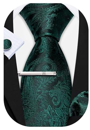 Barry.Wang Herren-Krawatten-Set, Seide, gestreift, Paisleymuster, Einstecktuch, Manschettenknöpfe, Krawatten, Clip, Party, klassisch, Hochzeit, Jahrestag, Geschenkbox, grün, Einheitsgröße