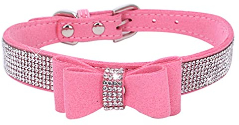 HALFSUMO Hundehalsband mit Strass süßes Strass-Hundehalsband Hunde Katzenhalsband mit Strass-Schleife Halsbandgeschirr für kleine und mittlere Hunde Kätzchen Rosa M CL164