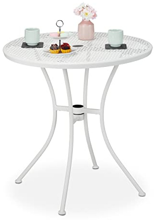 Relaxdays Mesa Jardín, Agujero para Sombrilla, Diseño Rejilla, Acero Resistente, 72x70 cm, Mesita Balcón Redonda, Blanco