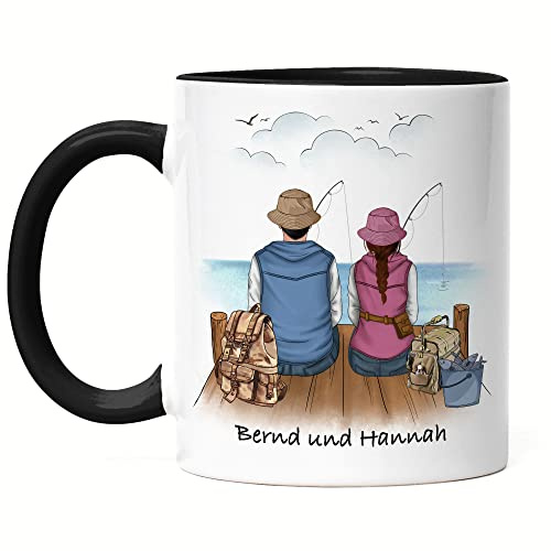 Kiddle-Design Angler Pärchen Tasse Schwarz Personalisiert Individuell mit Name Angeln Fischen Geschenk Jahrestag Paar Liebe Couple Angelschein