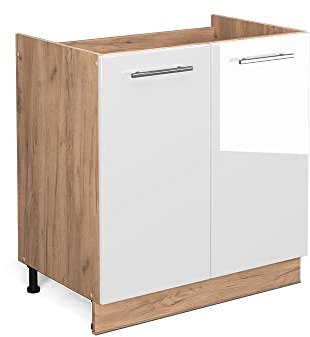 Vicco Spülenunterschrank Fame-Line, Weiß Hochglanz/Goldkraft Eiche, 80 cm ohne Arbeitsplatte