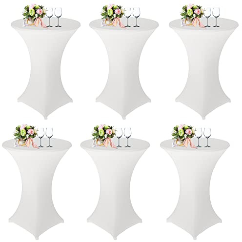 6er-Set Stretch Stehtischhussen Elasthan Tischdecke, Ø 80cmX110cm, Tisch-Überzug Husse pflegeleicht abwischbar Stretch schnelltrocknend, Rund Husse für Stehtische Tischhusse, Weiß