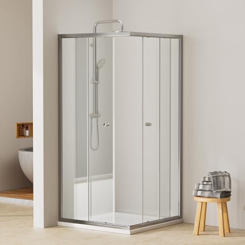 EMKE Duschkabine 90x90x185cm Eckeinstieg Duschschiebetür Eckduschkabine Doppel Schiebetür Design Sicherheitsglas Duschabtrennung Chrom Duschtür
