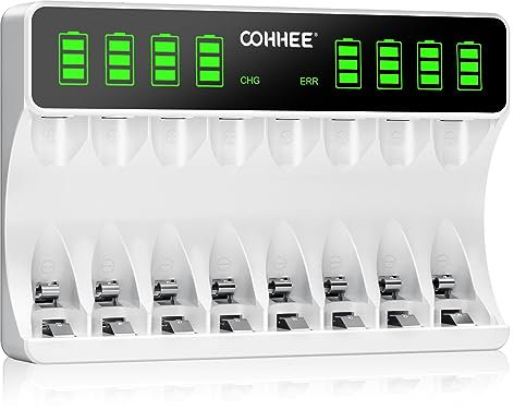 OOHHEE 8 Bays Caricabatterie, Grande Schermo LCD Caricabatterie, per Batterie NI-MH/NI-CD, Caricatore Individuale per Batterie Ricaricabili AA AAA
