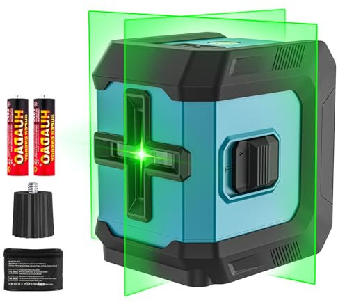 Kreuzlinienlaser Grün Selbstnivellierend,Linienlaser Grün,Laser,4 Helligkeitseinstellungen, Manueller/Selbstnivellierender Modus, 2 x AA Batterie IP54 Schutzlevel, Für Innen Und Außenbaustellen.