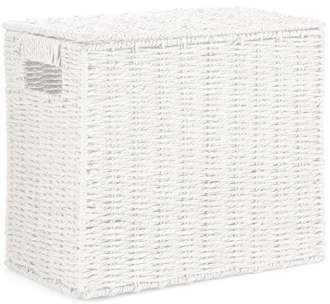 EHC Multi-Purpose Handwoven Slimline Paper Rope Bathroom Storage Unit, Toilet Roll Paper Cabinet, Compact Storage Box, Multi-Purpose Cleaning Caddy With Inbuilt Handles & Lid, White, 35 x 18 x 30 cm