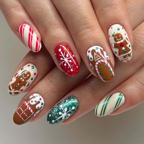 Prosy 24pcs Noël ongles courts ovales faux ongles Red Elk forêt flocon de neige crutch faux ongles bonhomme de neige femmes et filles presser les ongles (E)