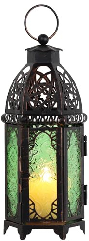 DECORKEY Vintage mittelgroße Kerzenlaterne, 27,9 cm, marokkanischer Stil, dekorative Hängelaterne, Metall-Tischlaterne, Weihnachtskerzenhalter für den Außenbereich, Terrasse, Grün, DKCL-4035