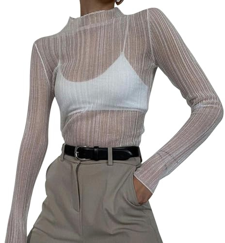 HSAJS Maglietta Donna Camicette Manica Lunga Maglie in Rete Sexy Mesh Tops Collo Alto Bianco Slim Fit Camicia Tunica Bluse Clubwear T-Shirt in Tulle