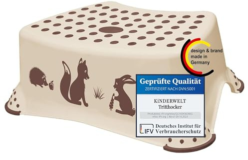 KiNDERWELT Premium Tritthocker für Kinder und Babys, Forest Design in Beige, Tritthocker Stufe für Kleinkinder ab 18 Monaten, abwischbar, rutschfest und BPA-frei