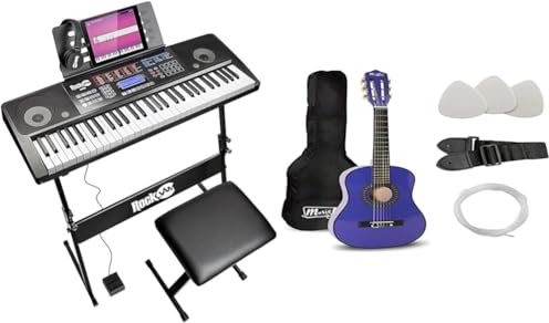 RockJam RJ761 61 Key Keyboard Piano with Keyboard Bench, Digital Piano Stool, Sustain Pedal and Headphones & Music Alley MA-52 Classical Acoustic Guitar Kids Guitar and Junior Guitar Blue